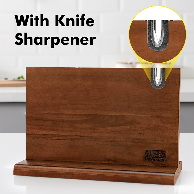HOSHANHO Double-Sided Magnetic Knife Block – Acacia Wood, 14x10 Inches