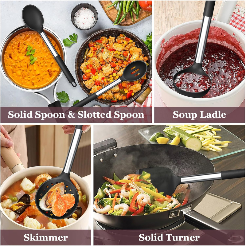 TeamFar 8-Piece Silicone Kitchen Utensil Set with Stainless Steel Handles – Black
