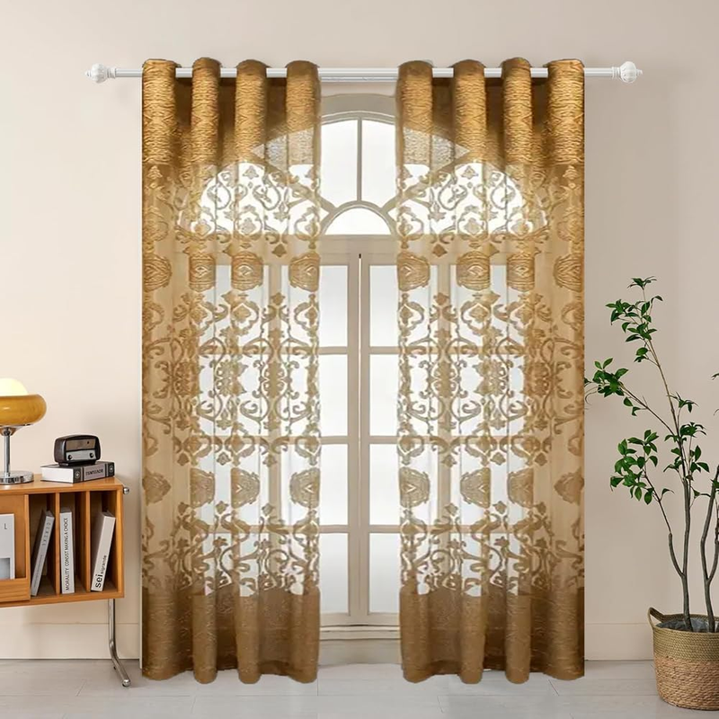 FeLoneny Golden Embroidered Sheer Curtains Set of 2 – 52"x96" Panels