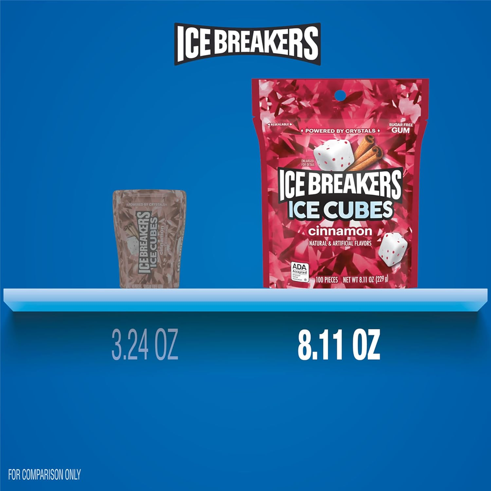 Ice Breakers Ice Cubes Cinnamon Sugar Free Chewing Gum Pouch, 8.11 oz 100 Pieces