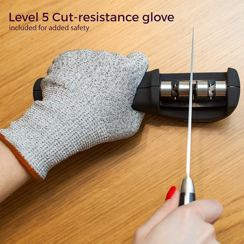 Kitchellence 3-Stage Knife Sharpener with Cut-Resistant Glove – Black