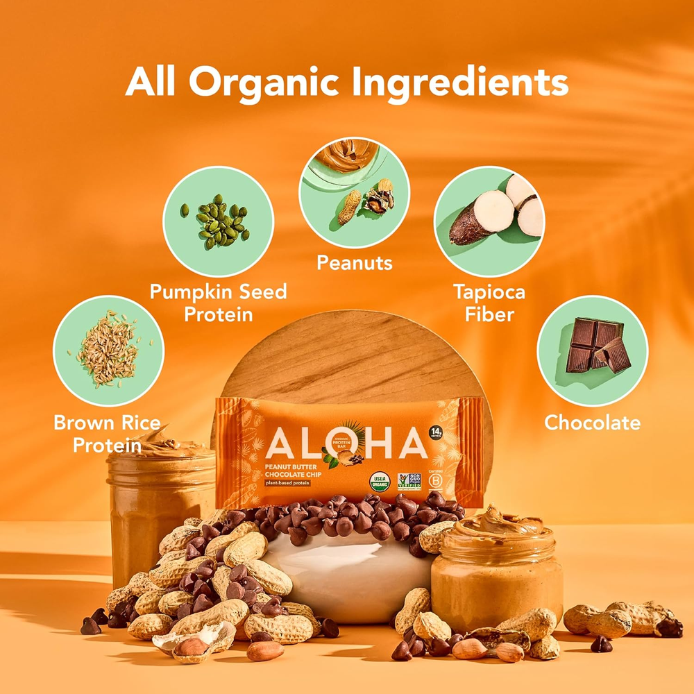 ALOHA Organic Plant Based Protein Bars,  Peanut Butter Chocolate Chip Pack of 12