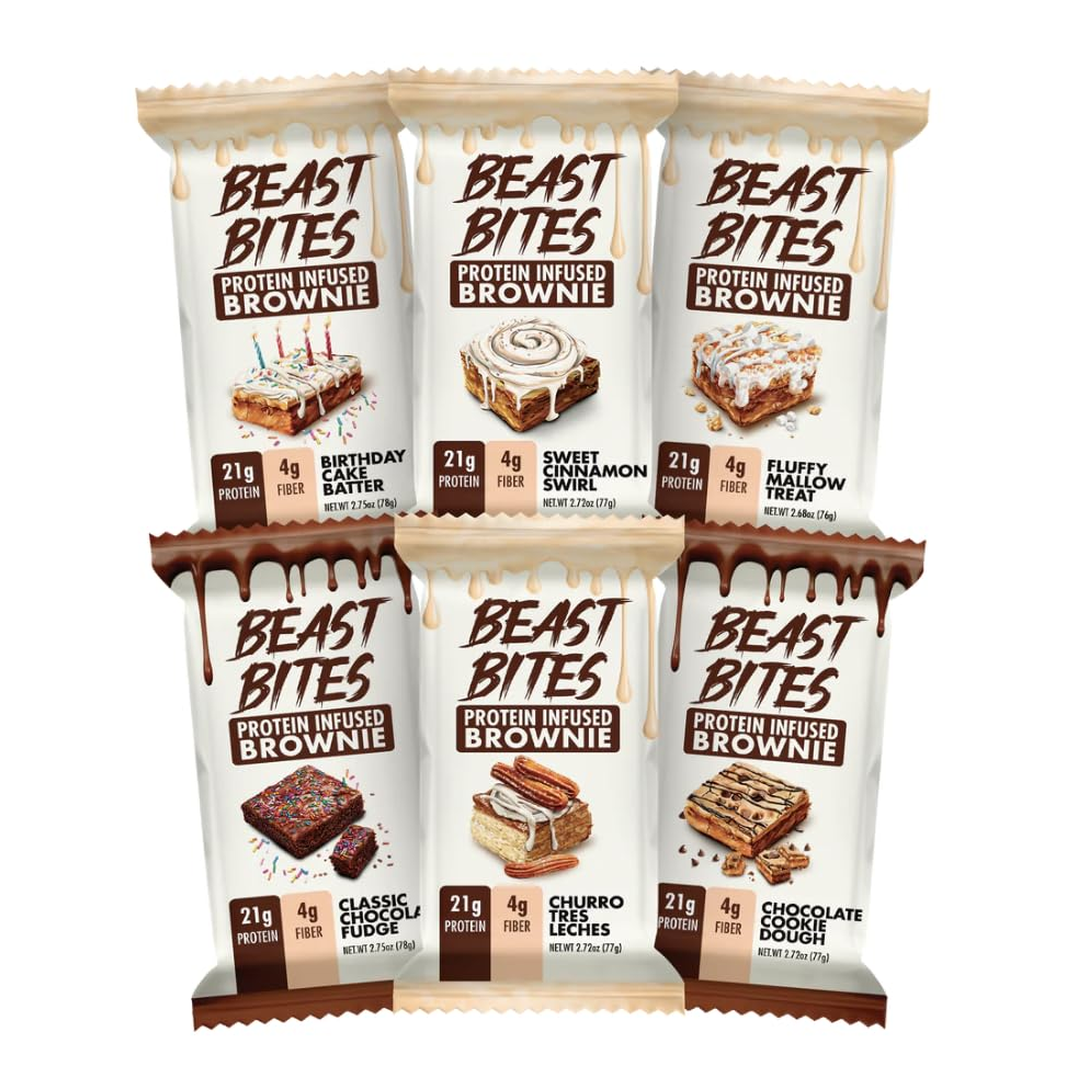 Beast Bites - Protein Infused Brownies - 21G Protein + 4G Fiber per Brownie - Soft, Chewy & Delicious - Low Sugar - Made in the USA - Variety Pack - 6 Flavors, 2 Each per Pack - 12 Brownies Total