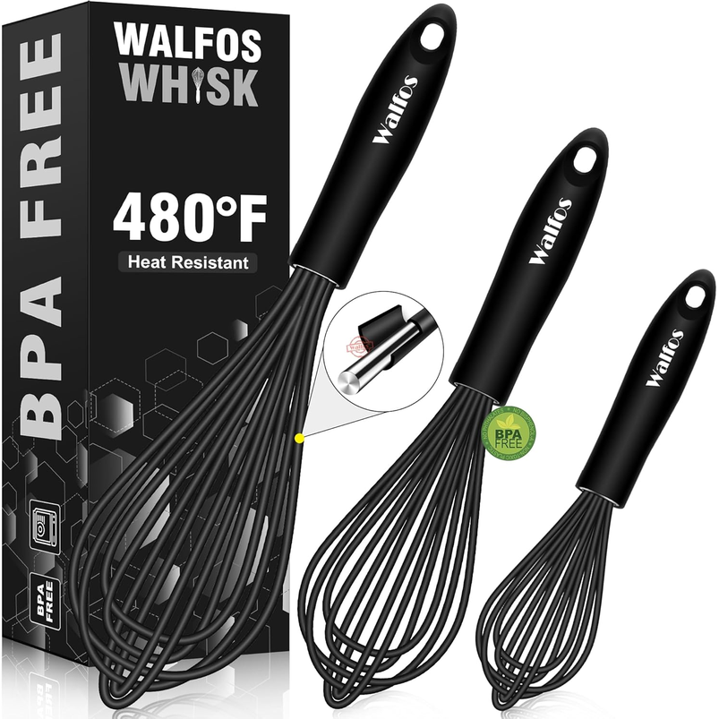 Walfos Silicone Whisk Set of 3 – Heat-Resistant Non-Scratch Balloon Whisks