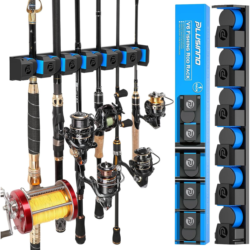 PLUSINNO V6 Wall Mounted Fishing Rod Holders – Extra Large, Holds 6 Rods