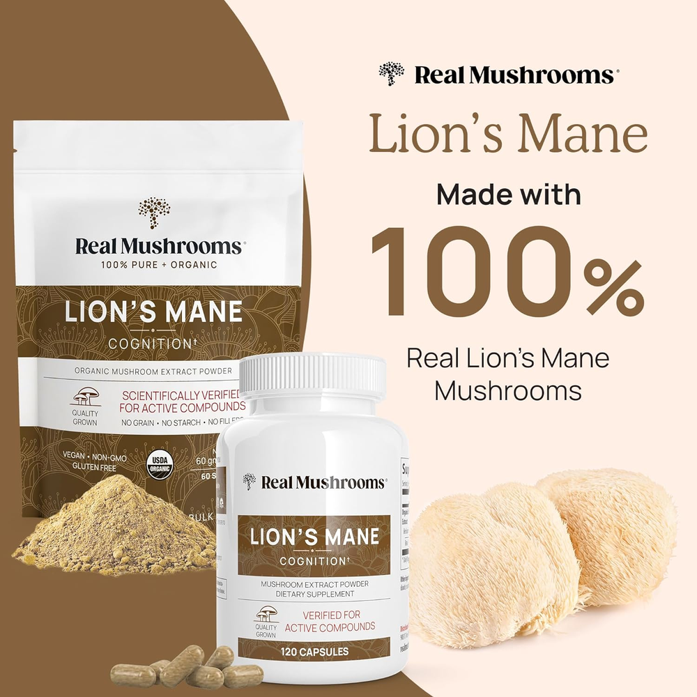 Real Mushrooms Lion’S Mane Capsules - Organic Lions Mane Mushroom Extract for Cognitive Function & Immune Support - Brain Mushroom Supplements for Memory and Focus - Vegan, 300 Caps