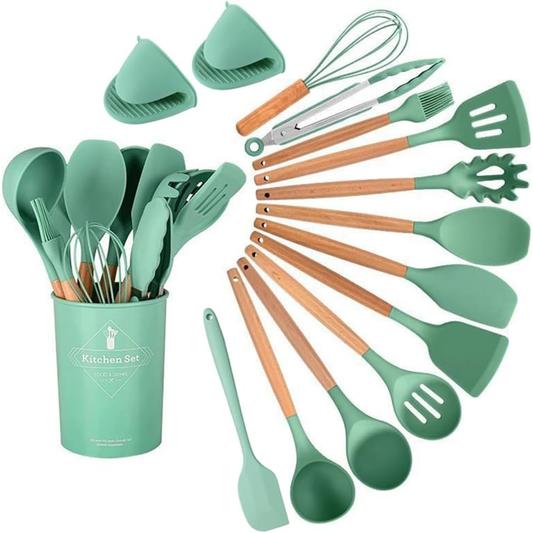 CHEN-KE 15 Piece Silicone Kitchen Utensil Set with Holder – Green