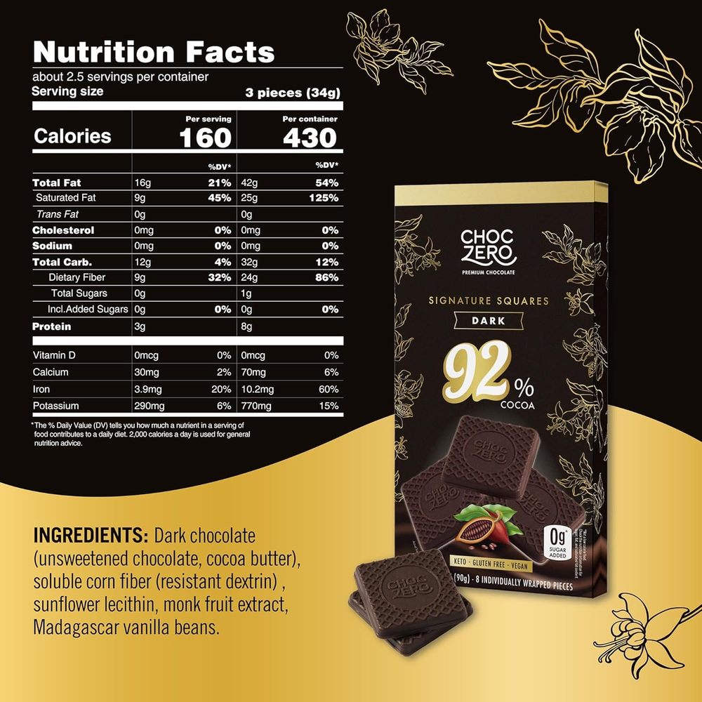 Choczero 92% Cocoa Ultimate Dark Chocolate, Sugar Free, Low Carb, All Natural, Keto Friendly, 3.2 Ounce (Pack of 4)
