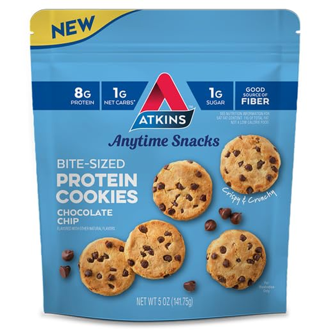 Atkins Anytime Snacks, Bite-Sized Protein Cookies, Chocolate Chip, Crispy & Crunchy, 8G Protein, 1G Net Carbs, <1G Sugar, Good Source of Fiber