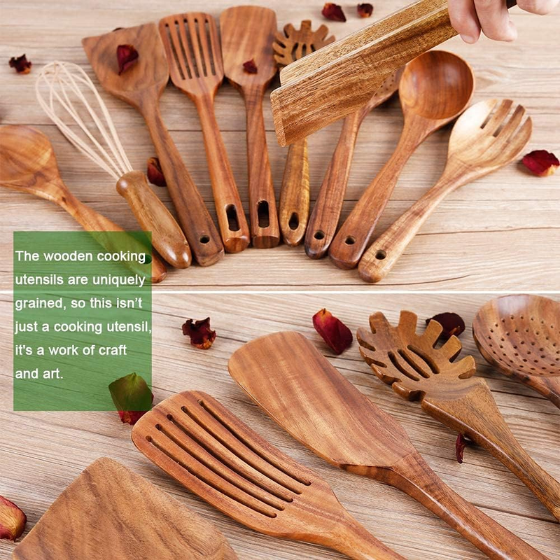 AIUHI 10 Piece Teak Wooden Cooking Utensil Set
