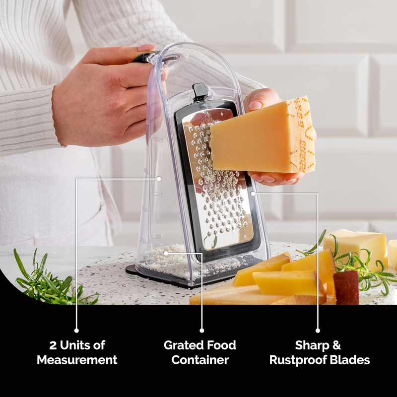 Joined Cheese Grater & Garlic Crusher Set – Box Grater with 3 Blades + Peeler