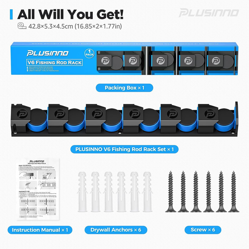 PLUSINNO V6 Wall Mounted Fishing Rod Holders – Extra Large, Holds 6 Rods