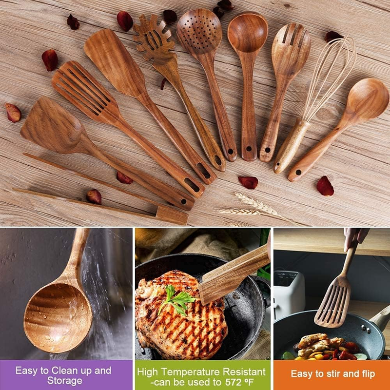 AIUHI 10 Piece Teak Wooden Cooking Utensil Set