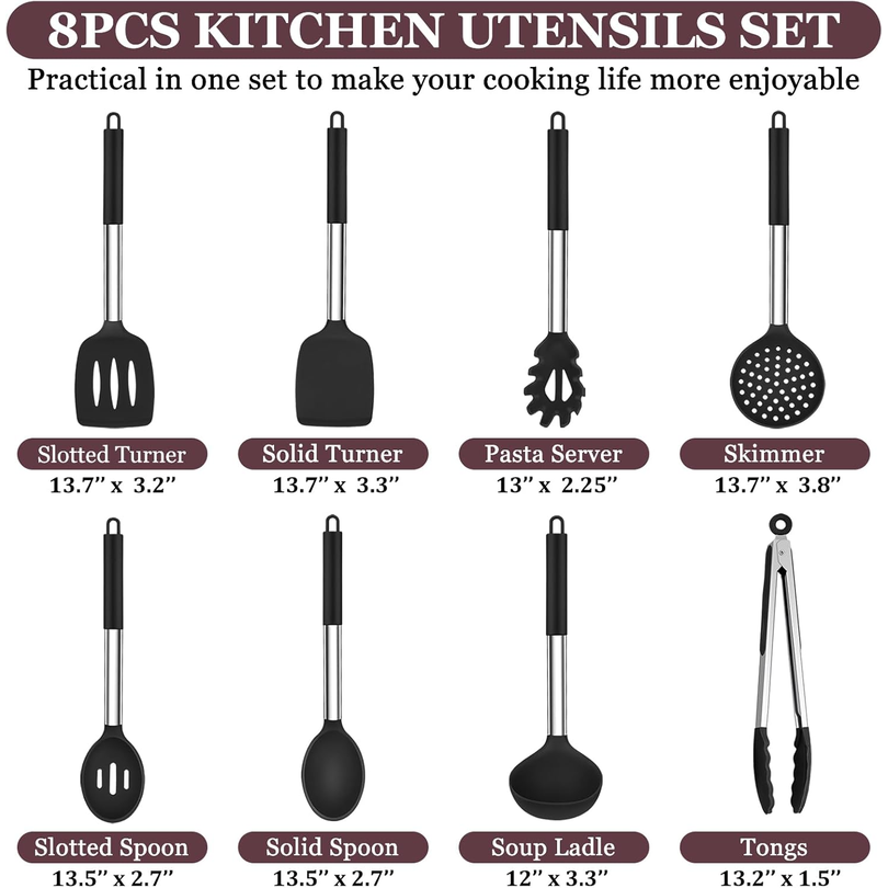 TeamFar 8-Piece Silicone Kitchen Utensil Set with Stainless Steel Handles – Black