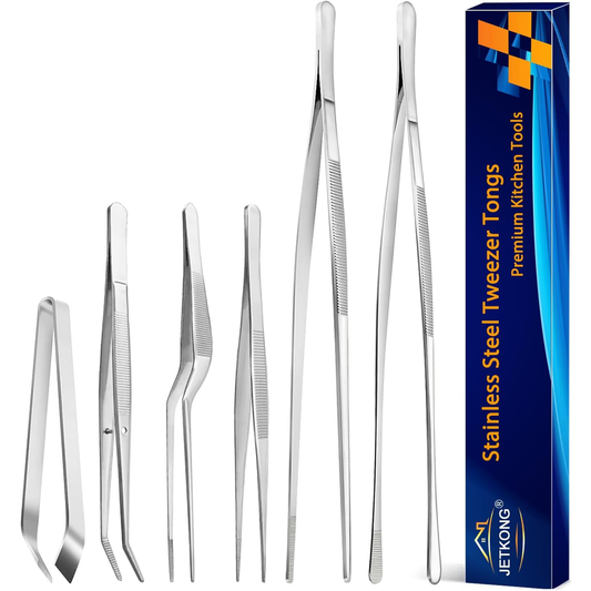 JETKONG 6-Piece Stainless Steel Cooking Tweezer Set – 12" & 6.3"