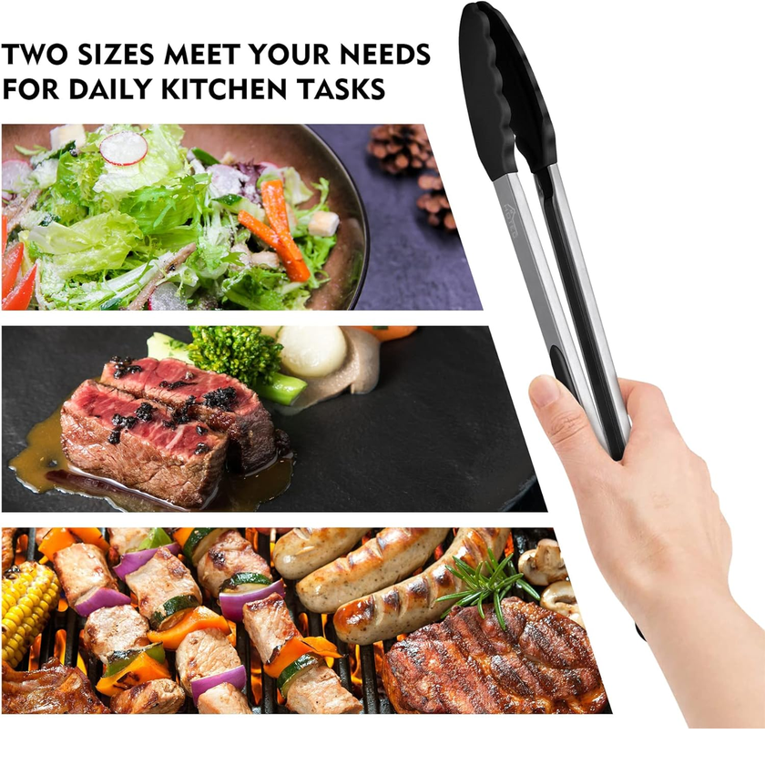 HOTEC Stainless Steel Kitchen Tongs with Silicone Tips – Set of 2