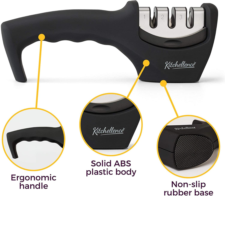 Kitchellence 3-Stage Knife Sharpener with Cut-Resistant Glove – Black