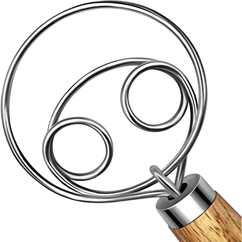 TEEVEA Danish Dough Whisk with Wooden Handle – 2-Eye Stainless Steel Mixer