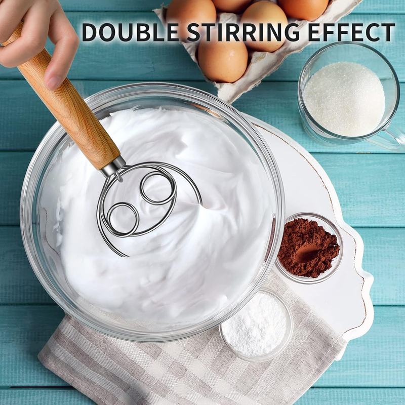 TEEVEA Danish Dough Whisk with Wooden Handle – 2-Eye Stainless Steel Mixer