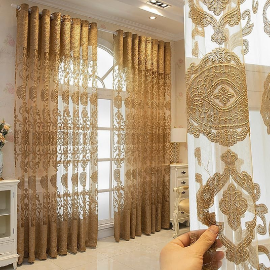 FeLoneny Golden Embroidered Sheer Curtains Set of 2 – 52"x96" Panels