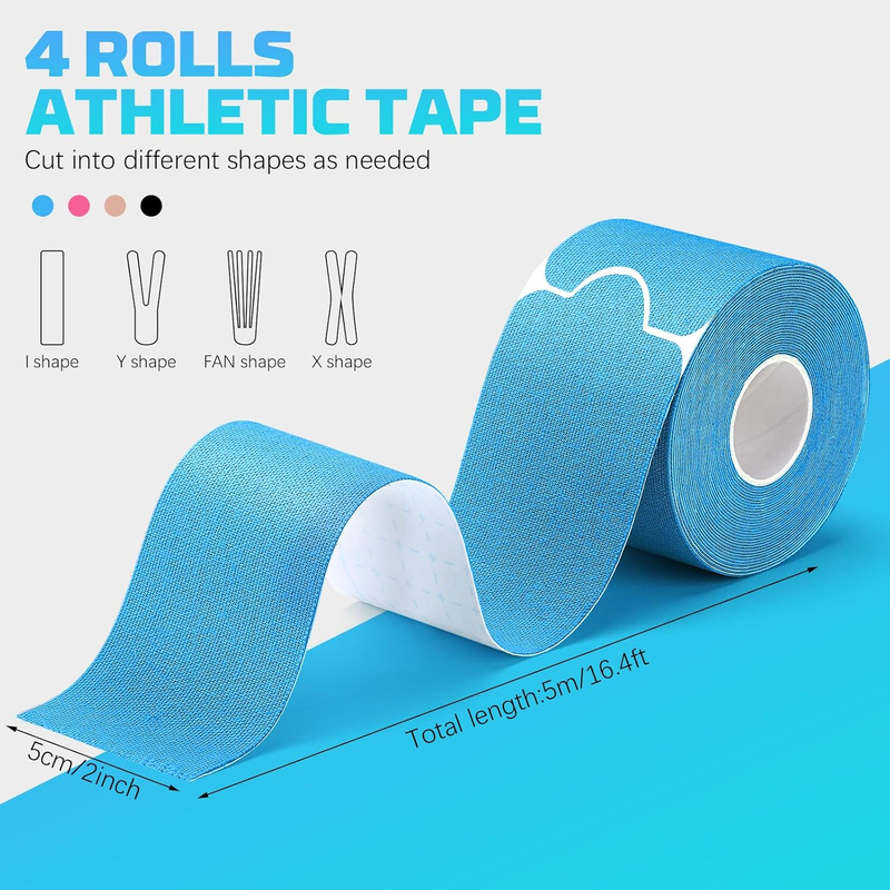 Kinesiology Tape 4-Roll Set with Scissors – Precut Elastic Waterproof Sports Tape, 2" x 16ft (Beige, Black, Blue, Pink)
