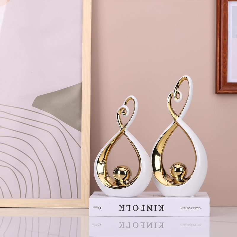 LCCCK White and Gold Ceramic Abstract Sculpture Set of 2 – Modern Home Decor