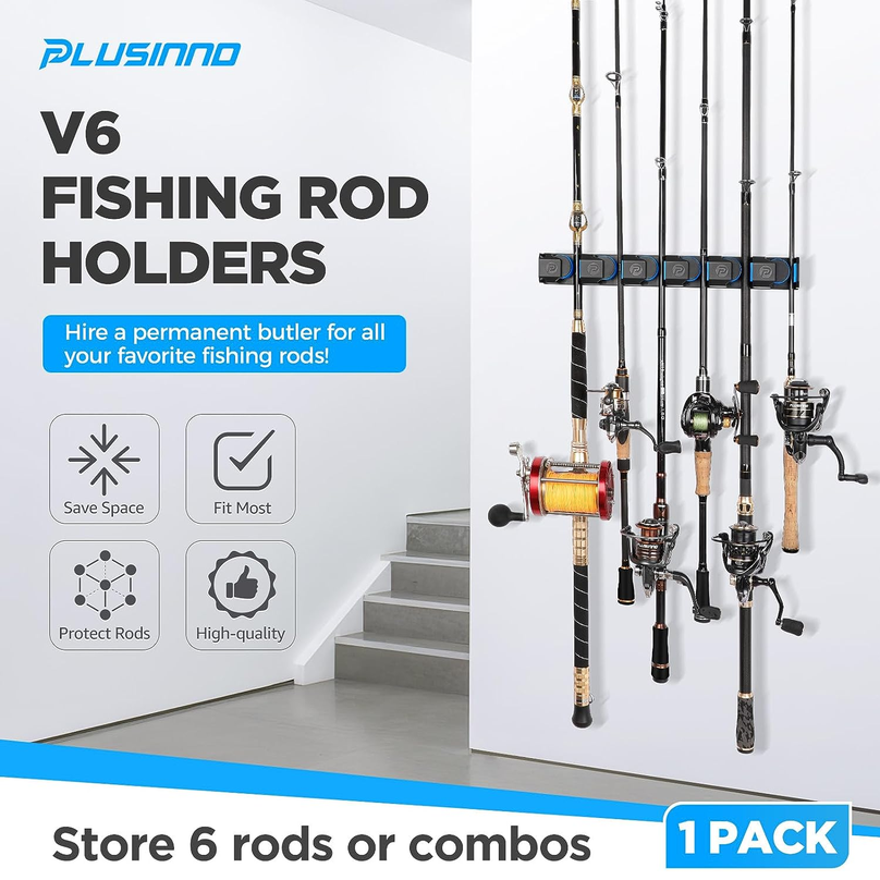PLUSINNO V6 Wall Mounted Fishing Rod Holders – Extra Large, Holds 6 Rods