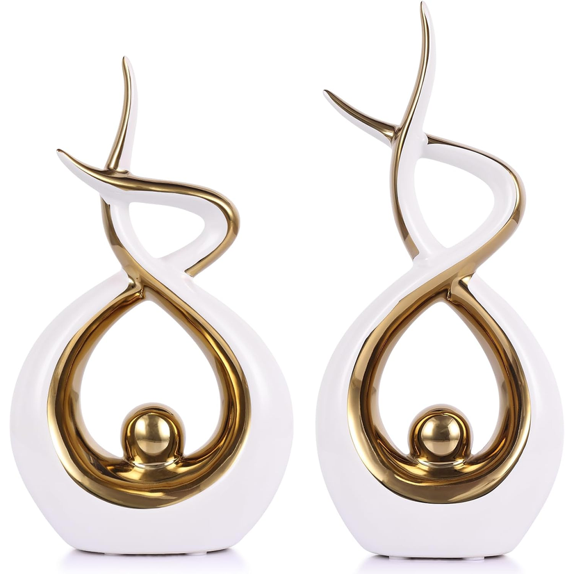 Gold and White Ceramic Abstract Sculpture – Modern Home Decor Centerpiece