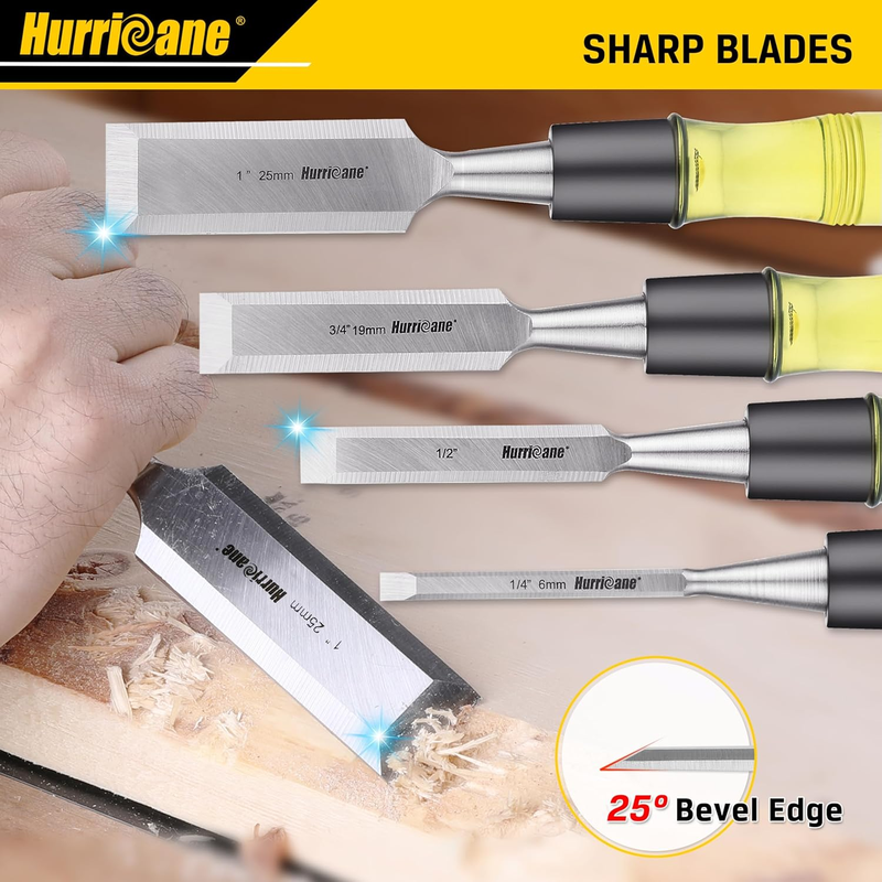 HURRICANE 4-Piece Wood Chisel Set, CR-V Steel Blades with PVC Handles