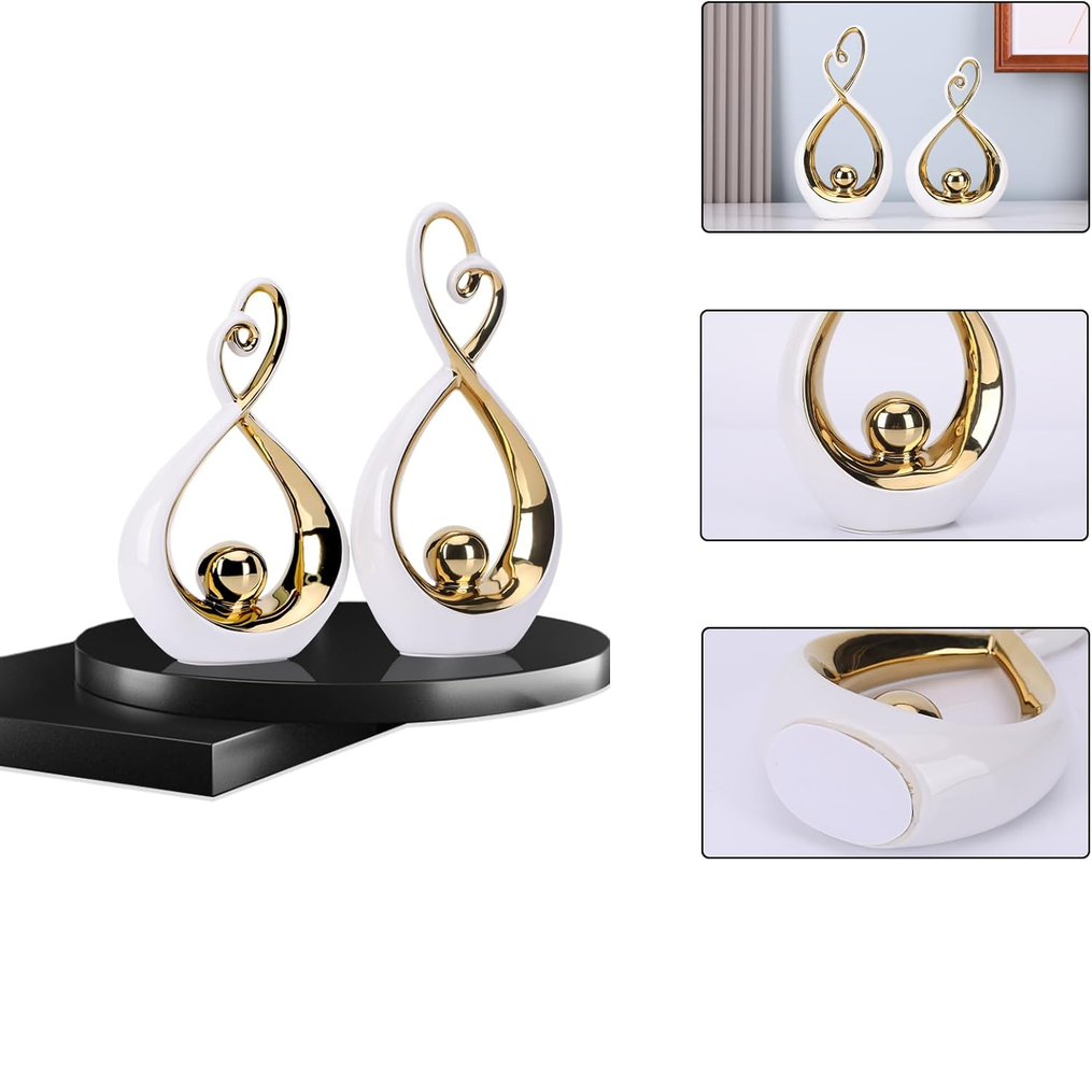 LCCCK White and Gold Ceramic Abstract Sculpture Set of 2 – Modern Home Decor