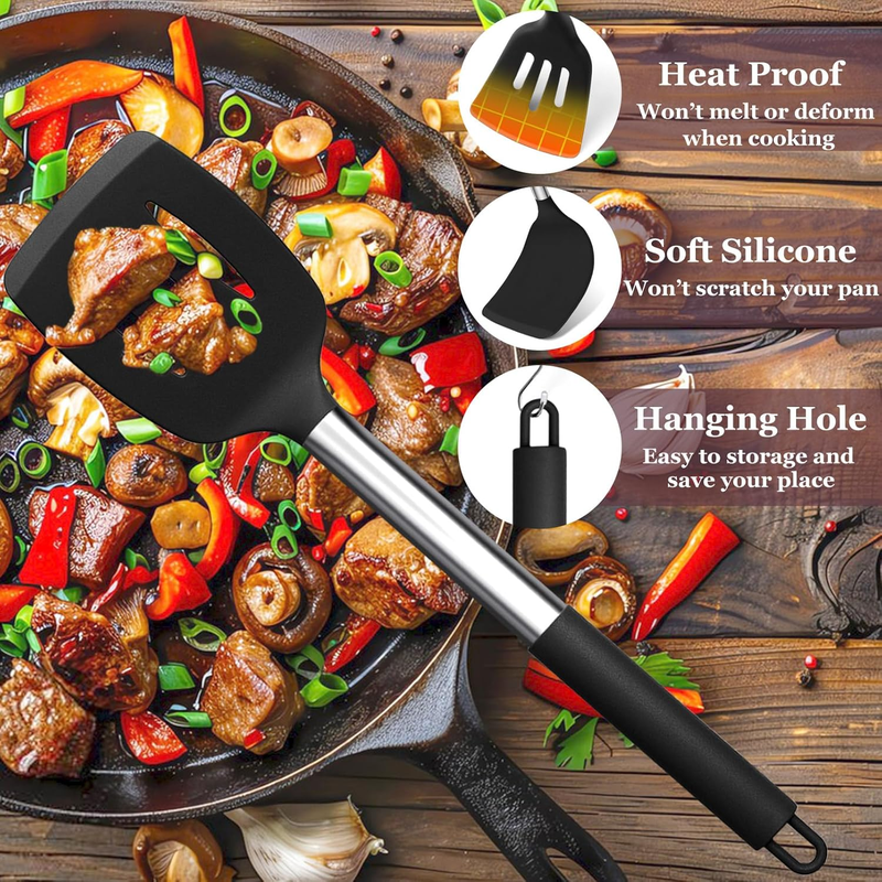 TeamFar 8-Piece Silicone Kitchen Utensil Set with Stainless Steel Handles – Black