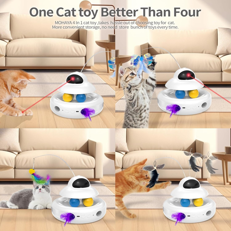 MOHAYA 4-in-1 Rechargeable Interactive Cat Toy with Feather & Butterfly