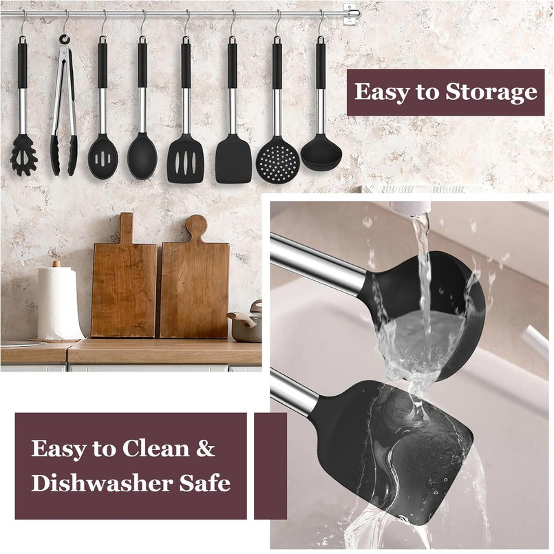 TeamFar 8-Piece Silicone Kitchen Utensil Set with Stainless Steel Handles – Black