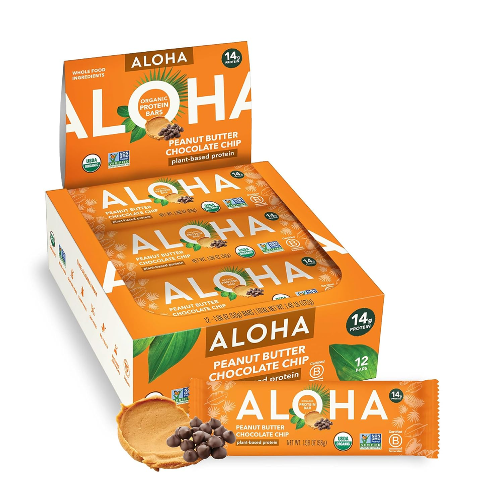 ALOHA Organic Plant Based Protein Bars,  Peanut Butter Chocolate Chip Pack of 12