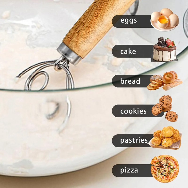 TEEVEA Danish Dough Whisk with Wooden Handle – 2-Eye Stainless Steel Mixer