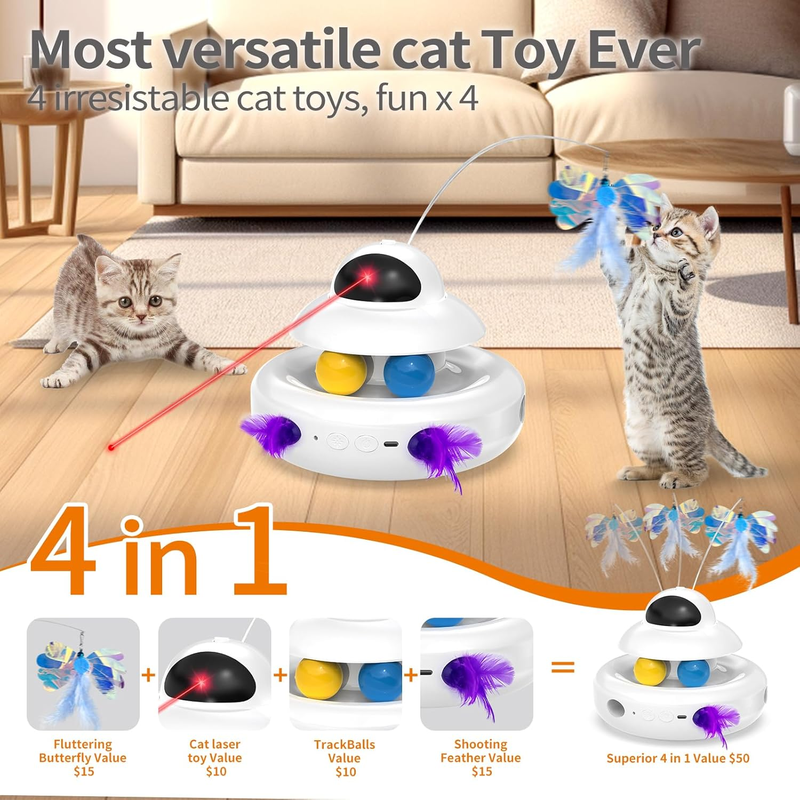 MOHAYA 4-in-1 Rechargeable Interactive Cat Toy with Feather & Butterfly