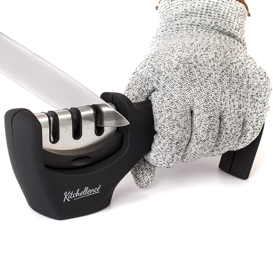 Kitchellence 3-Stage Knife Sharpener with Cut-Resistant Glove – Black