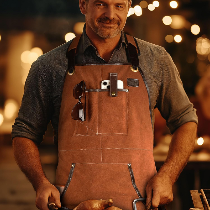 Leather Village Suede Leather Work Apron – Tan, Adjustable Size M to XXL