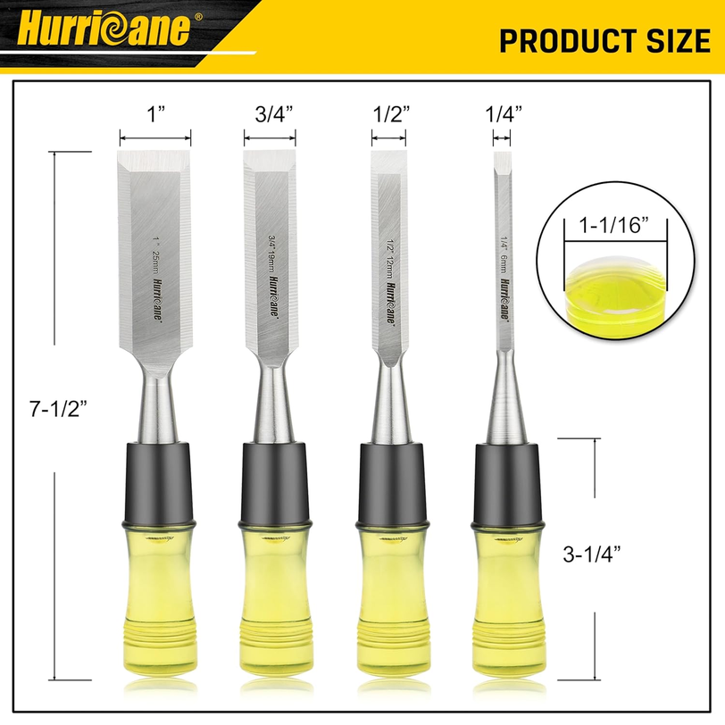 HURRICANE 4-Piece Wood Chisel Set, CR-V Steel Blades with PVC Handles