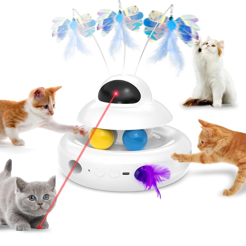MOHAYA 4-in-1 Rechargeable Interactive Cat Toy with Feather & Butterfly