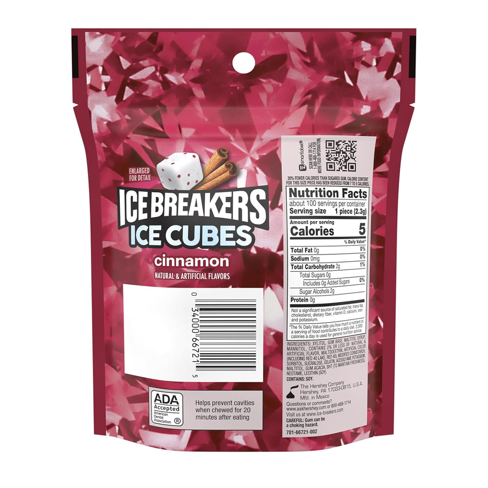 Ice Breakers Ice Cubes Cinnamon Sugar Free Chewing Gum Pouch, 8.11 oz 100 Pieces