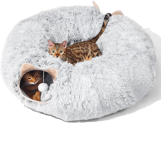Grey Plush Cat Tunnel with Bed – Indoor Hideout & Play Space
