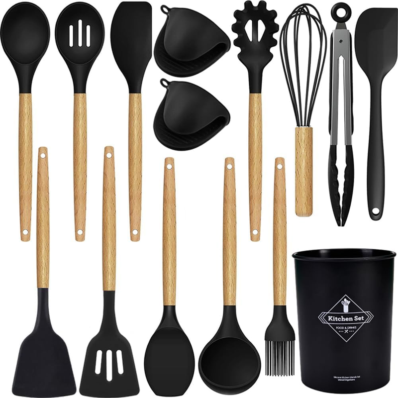 CHEN-KE 15 Piece Silicone Kitchen Utensil Set with Holder – Green