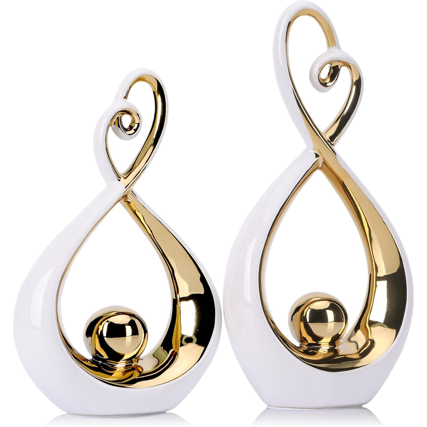 LCCCK White and Gold Ceramic Abstract Sculpture Set of 2 – Modern Home Decor