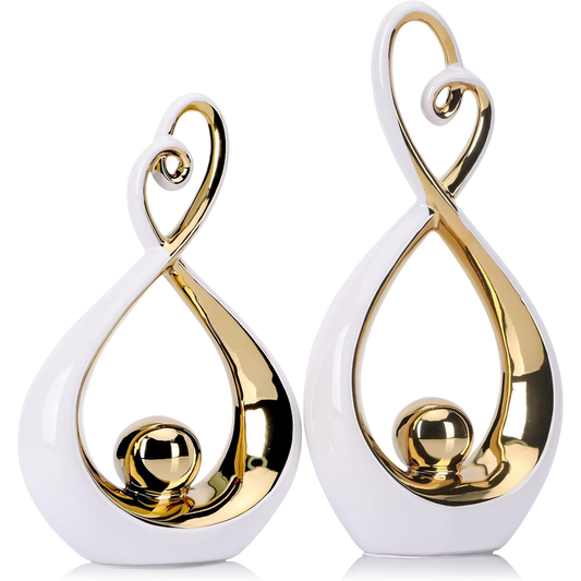 LCCCK White and Gold Ceramic Abstract Sculpture Set of 2 – Modern Home Decor