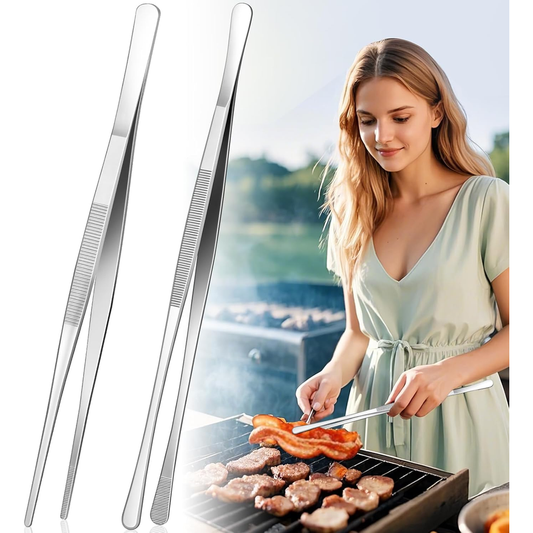 JINHUIYUAN 12" Stainless Steel Cooking Tweezers Tongs 2-Pack – Dual-Head