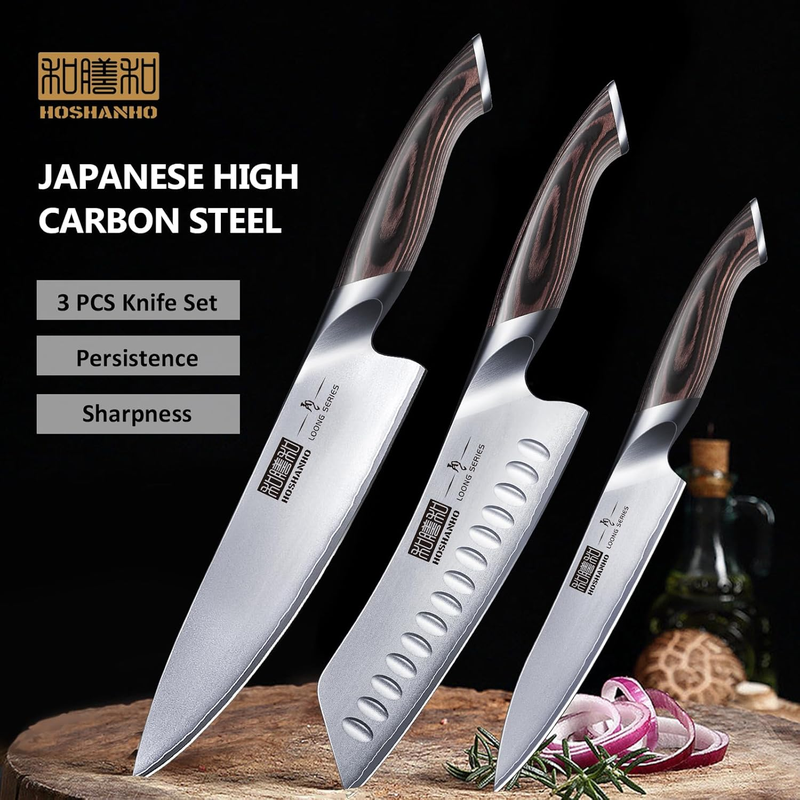 HOSHANHO 3-Piece Japanese Stainless Steel Knife Set with Pakkawood Handles