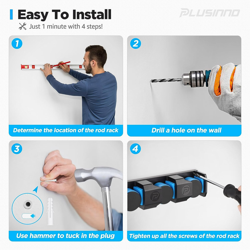 PLUSINNO V6 Wall Mounted Fishing Rod Holders – Extra Large, Holds 6 Rods