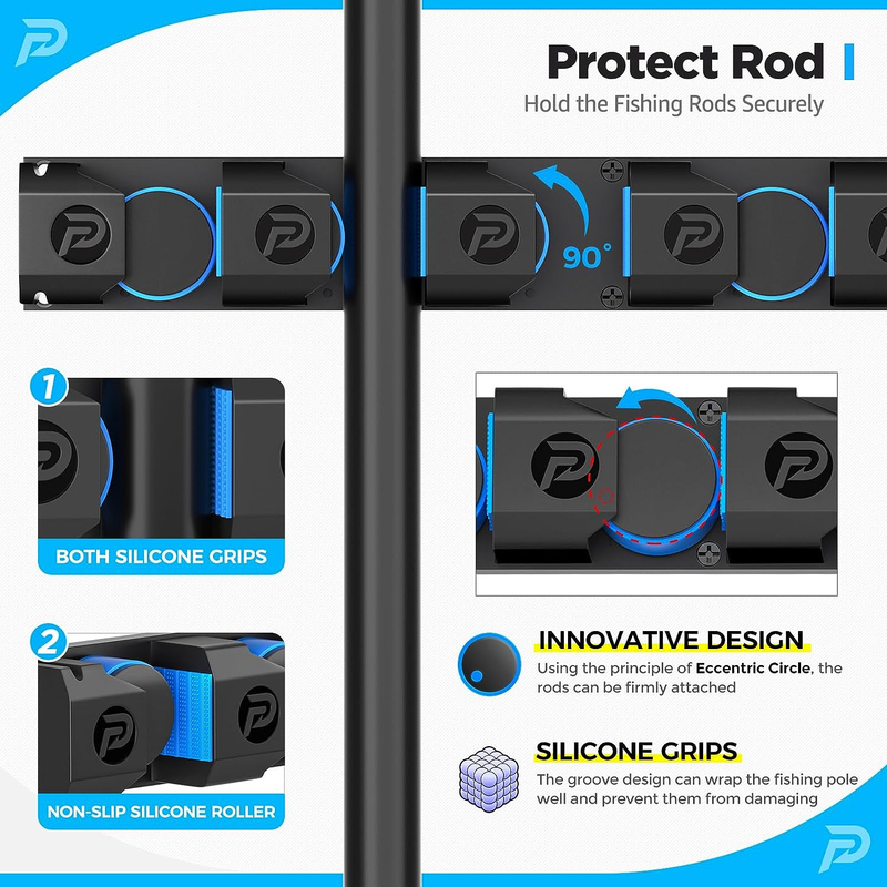 PLUSINNO V6 Wall Mounted Fishing Rod Holders – Extra Large, Holds 6 Rods