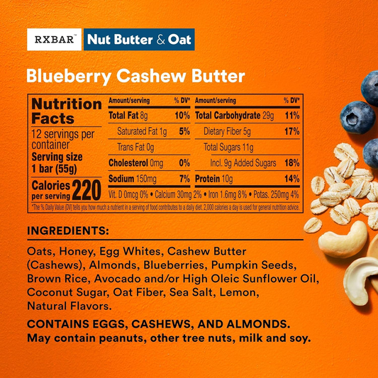 RXBAR Nut Butter and Oat Protein Bars, Protein Snacks, Snack Bars, Blueberry Cashew Butter, 23.2Oz Box (12 Bars)